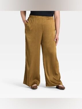 Women's Crinkled Satin Pull-On Pants - A New Day™ Brown 3X NWT